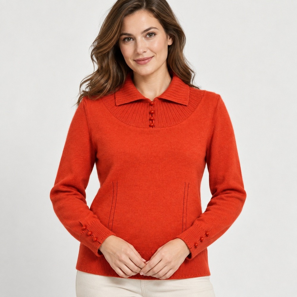 Milly of New York Orange Red 100% Cashmere Polo Collar Button Cuff Sweater Small
